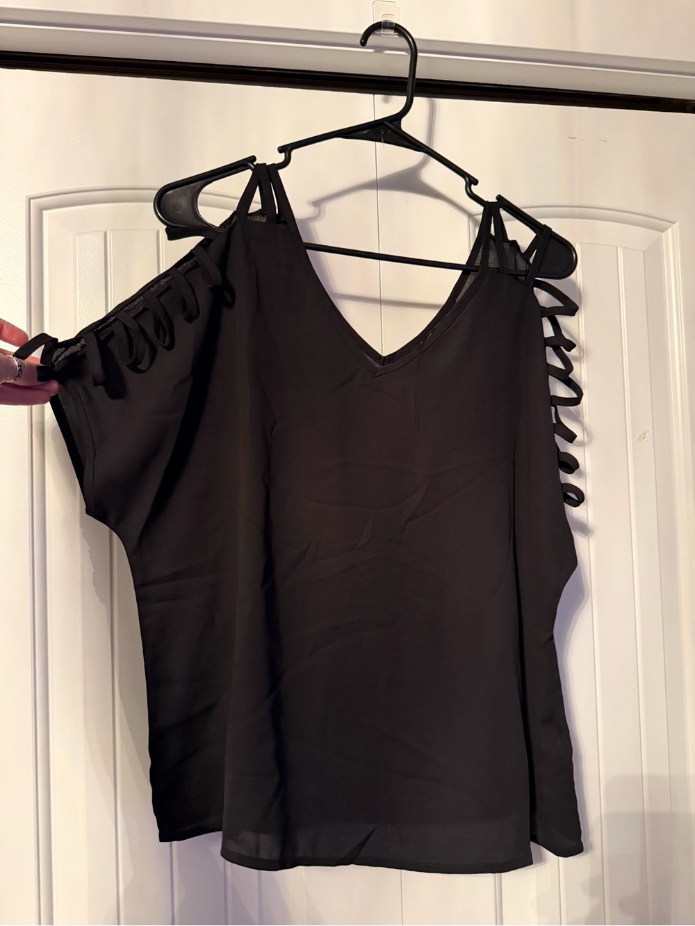 Black Cold-Shoulder V-Neck Blouse with Ladder Strap Detail